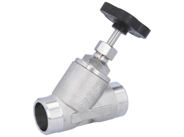 Angle seat valve DN32, PN40, DIN3239, stainless steel 1.4408/PTFE