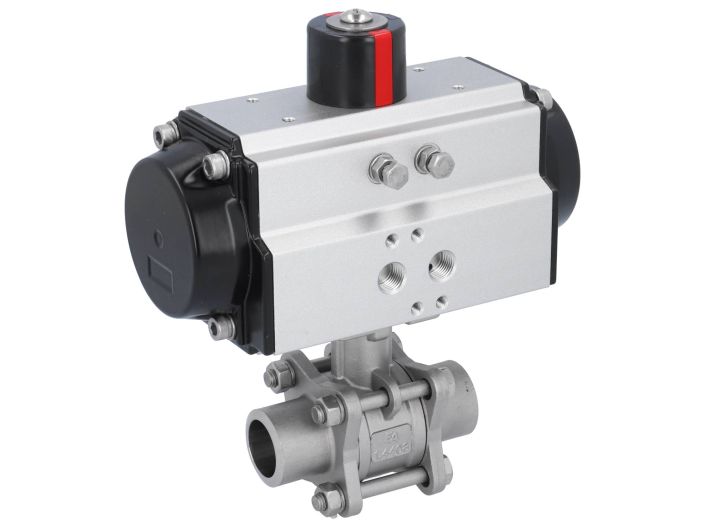Ball valve-MA DN25-welded ends, actuator-OD65, stainl. steel/PTFE-FKM, cavity free, double acting
