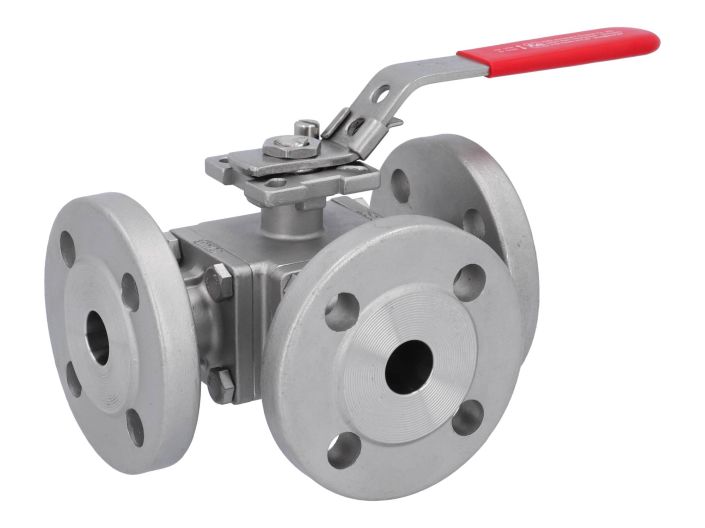 3-way ball valve DN20, PN16/40, L-bore, Stainless steel 1.4408/PTFE/FKM, ISO5211