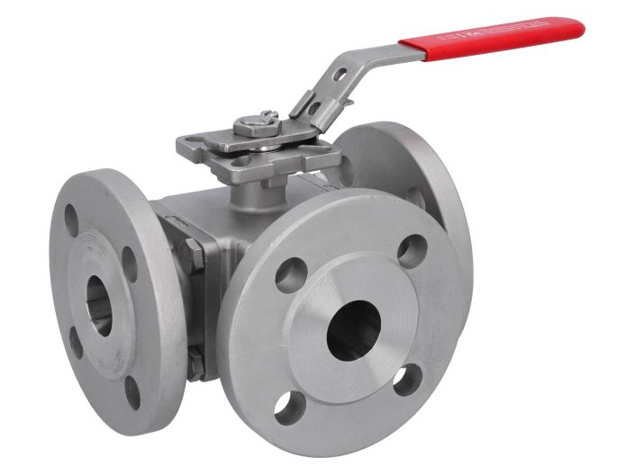 3-way ball valve DN32, PN16/40, L-bore, Stainless steel 1.4408/PTFE/FKM, ISO5211