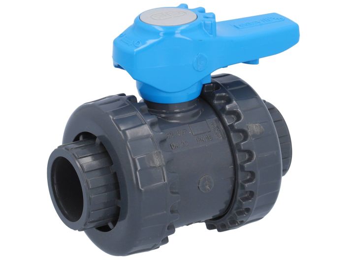 2-way ball valve SL, DN15, bonded socket d20, PN16, PVC-U/PE-EPDM, handle: blue