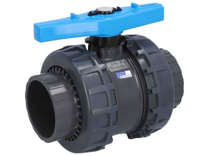 2-way ball valve SL, DN65, bonded socket d75, PN16, PVC-U/PE-EPDM, handle: blue