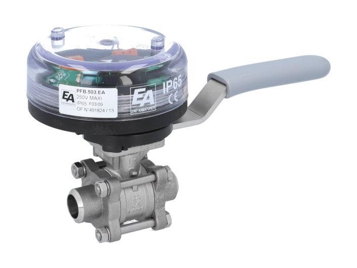 Ball valve-ZA, DN15, w. VE-limit switch el./mech., welded, stainl.steel/PTFE-FKM, max. 250VAC-5A,IP65