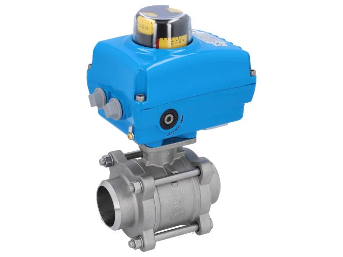Ball valve-ZA, DN50 welding face, with drive-NE05, Stainless steel / PTFE FKM, 24V DC, running time a