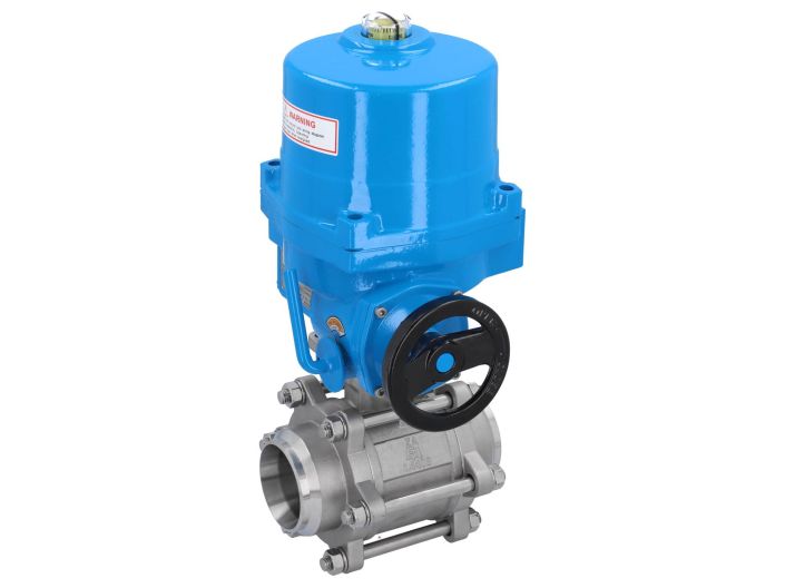 Ball valve-ZA, DN100-welding face,with Drive-NE15, Stainless steel / PTFE FKM, 24V DC, Duration 20s