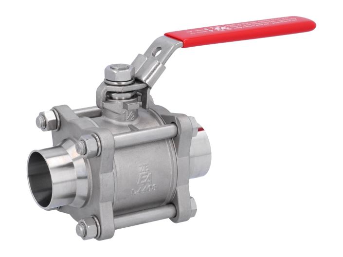 Ball valve DN40, PN40, 1.4408 / PTFE, DIN11850-Rh2, Weld ends, full bore, DIN3202-S13