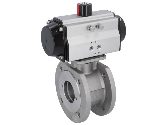 Ball valve ZK, DN65, with actuator-OD, DA85, stainl. steel/PTFE-FKM, cavity free, double acting