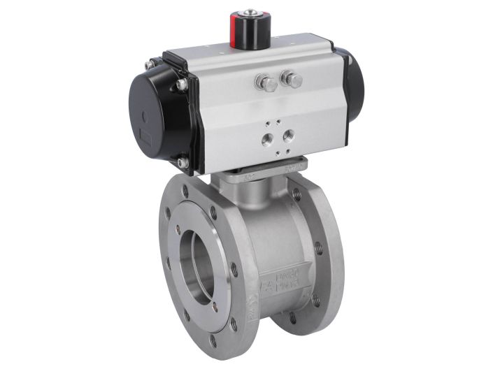 Ball valve ZK, DN80, with actuator-OD, DA95, stainl. steel/PTFE-FKM, cavity free, double acting