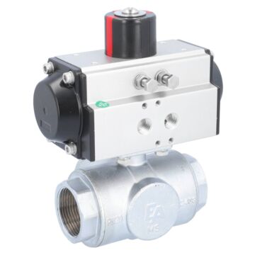 Kugelhahn-TN, 11/4", mit Antrieb-OD, DW50 Ms./PTFE-FKM, T-Bohrung, doppeltwirkend