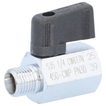 Mini-Kugelhahn, PN30, Messing/PTFE-FKM Innen-/Außengewinde, Griff schwarz