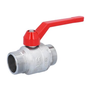 Ball valve 11/4 ", PN40, brass / PTFE FKM, External threads, full bore, hand lever = red