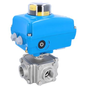 3-Wege-Kugelhahn, PN16, Antrieb NE, Edel./PTFE-FKM T-Bohrung, Innengewinde, elektrisch betätigt