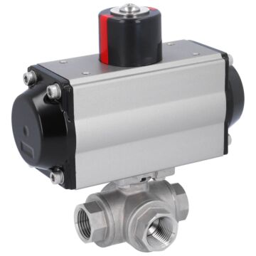 3-Wege-Kugelhahn, PN16, Antrieb OD, Edel./PTFE-FKM T-Bohrung, pneumatisch, doppeltwirkend