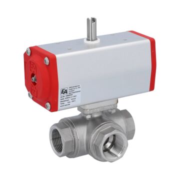 3-Wege-Kugelhahn, PN16, Antrieb EE, Edel./PTFE-FKM T-Bohrung, pneumatisch, federrückstellend
