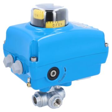 Kugelhahn-TN, 3/8", mit Antrieb-NE05 Ms./PTFE-FKM, L-Bohrung, 230V 50Hz, Laufzeit 14s.