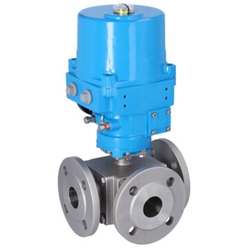 3-Wege-Kugelhahn, PN16, Antrieb NE, Edel./PTFE-FKM T-Bohrung, Flansch, elektrisch betätigt