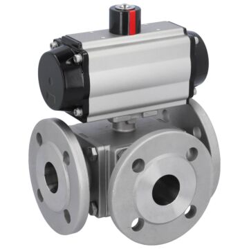 3-Wege-Kugelhahn, PN16, Antrieb OD, Edel./PTFE-FKM T-Bohrung, Flansch, pneumatisch, doppeltwirkend