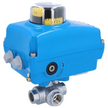 Kugelhahn-TN, 1/2", mit Antrieb-NE05 Ms./PTFE-FKM, L-Bohrung, 24V DC, Laufzeit ca.10sek