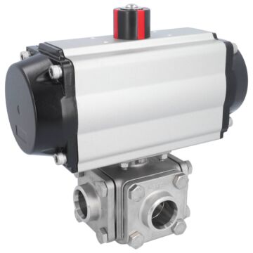 3-Wege-Kugelhahn, PN16, Antrieb OE, Edel./PTFE-FKM T-Bohrung, Anschweißende, pneumatisch,federrückst.