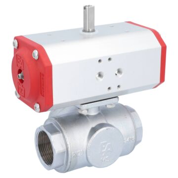 Kugelhahn-TN, 11/4", mit Antrieb-ED, DW55 Ms./PTFE-FKM, T-Bohrung, doppeltwirkend