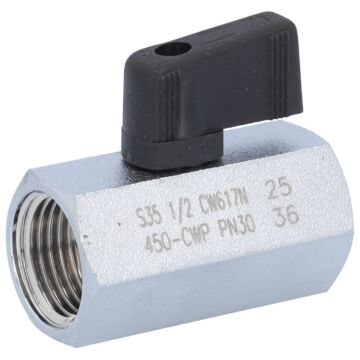 Mini-Kugelhahn 1/2", Ms/PTFE-FKM PN30, -20 bis +90°C, Innengewinde