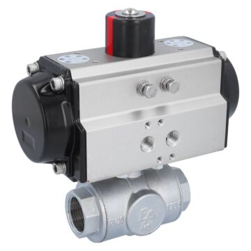 Kugelhahn-TN, 1", mit Antrieb-OE, EW65 Ms./PTFE-FKM, T-Bohrung, federrückstellend