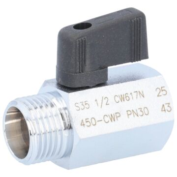 Mini-Kugelhahn 1/2", Ms/PTFE-FKM PN30, -20 bis +90°C, Innen-/Außengewinde