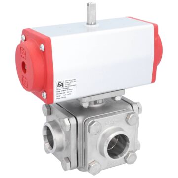 Kugelhahn-ZD, DN32, mit Antrieb-ED, DW63, AX Ed. 1.4408/PTFE-FKM, T-Bohrung, doppeltwirkend