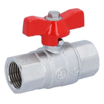 Kugelhahn 1/2", PN40, Ms/PTFE-FKM, Innengewinde, voller Durchgang, Flügelgriff rot