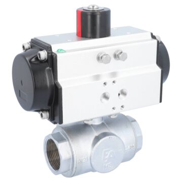 Kugelhahn-TN, 11/4", mit Antrieb-OE, EW65 Ms./PTFE-FKM, L-Bohrung, federrückstellend