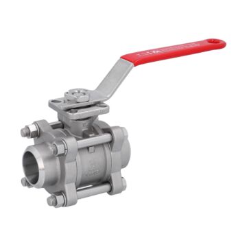 Kugelhahn, PN64, Edelstahl/PTFE-FKM 3-teilig, Anschweißende, Handhebel, hohlraumarm