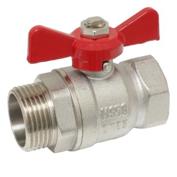 Kugelhahn 3/8", PN25, Flügelgriff Alu-rot Ms/PTFE-NBR, Innen-/Außengewinde, voller Durchgang