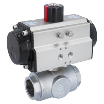 Kugelhahn-TN, 11/4", mit Antrieb-OE, EW65 Ms./PTFE-FKM, T-Bohrung, federrückstellend