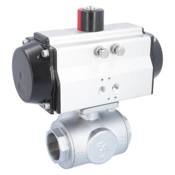 Kugelhahn-TN, 11/2", mit Antrieb-OE, EW85 Ms./PTFE-FKM, T-Bohrung, federrückstellend