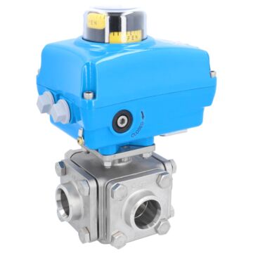 3-Wege-Kugelhahn, PN16, Antrieb NE, Edel./PTFE-FKM L-Bohrung, Anschweißende, elektrisch betätigt