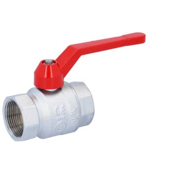 Ball valve 11/4 ", PN40, brass / PTFE FKM Female, full bore, hand lever = red