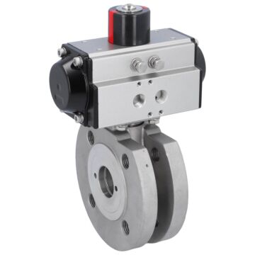 Kompakt-Kugelhahn, PN16, Antrieb OD, hohlraumarm Edelstahl/PTFE-FKM, pneumatisch, doppeltwirkend