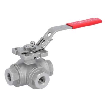 3-way ball valve 1/4 "-DIN2999, D9.5, PN63, L-bore stainless steel 1.4408 / PTFE FKM, ISO5211