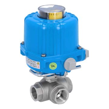 Ball valve DG, 1/2 ", with drive NE03, stainless steel/PTFE-FKM, L-bore, 24V DC, run-time