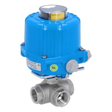 Ball valve DG, 3/4 ", with drive NE03, stainless steel/PTFE-FKM, L-bore, 24V DC, run-time