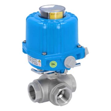 Ball valve DG, 1 ", with drive NE03, stainless steel/PTFE-FKM, L-bore, 24V DC, run-time