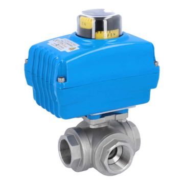 Ball valve DG, 4/11 ", with drive NE05, stainless steel/PTFE-FKM, L-bore, 24V DC, run-time