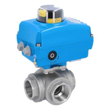 Ball valve DG, 2/11 ", with drive NE05, stainless steel/PTFE-FKM, L-bore, 230V 50Hz, run-t