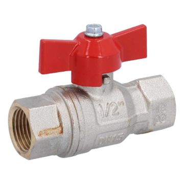 ball valve 1/2", PN50, Ms/PTFE-FKM, femalethread, Baul.: 75mm, butterfly handle