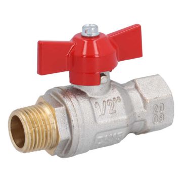 ball valve 1/2", PN50, Ms/PTFE-FKM, female/male, Baul.: 77mm, butterfly handle