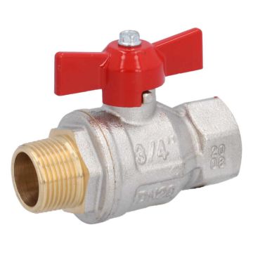 ball valve 3/4", PN40, Ms/PTFE-FKM, female/male, Baul.: 84mm, butterfly handle