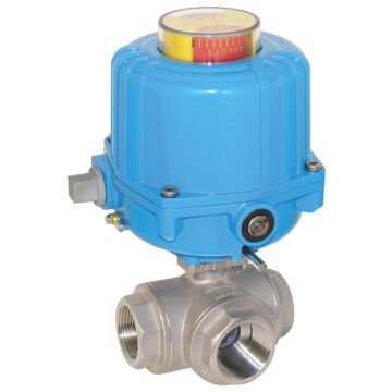 Kugelhahn-PD, 1/2", mit Antrieb NE03, Edelst./PTFE, L-Bohrung, 230V 50Hz, Laufzeit 12sek