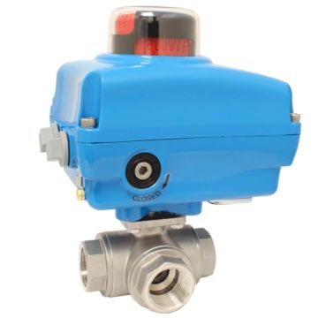 Ball valve PD, 3/4 ", with drive NE05, stainless steel/PTFE, T-port, 230V 50Hz, run-time1