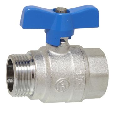 Kugelhahn 1/4", PN40, Ms/PTFE-FKM Innen-/Außengewinde, Flügelgriff blau