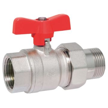 Kugelhahn 1/2", mit Verschraubung Ms/PTFE-NBR, voller Durchgang, Flügelgriff rot